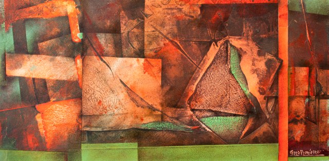 Composición abstracta horizontal con planos rojos, verdes y naranjas.