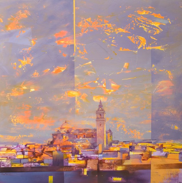 Tejados amarillos y una torre de Moguer bajo un cielo violeta con trazos dorados.