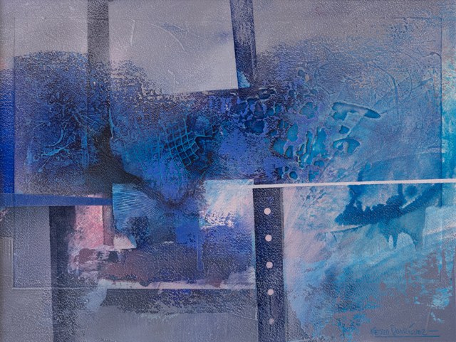 Planos azules con texturas, una franja clara horizontal y una hilera de puntos blancos.