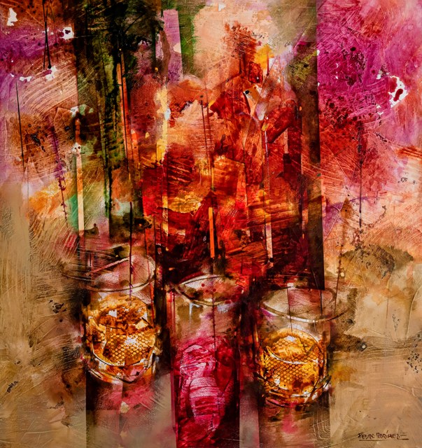 Botellas y vasos con tramas entrecruzadas en una composición de tonos rojos y ocres.
