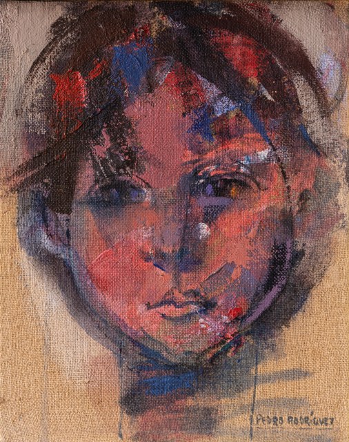 Rostro infantil de cabello ondulado, construido con trazos rojos, azules y oscuros sobre un fondo ocre.