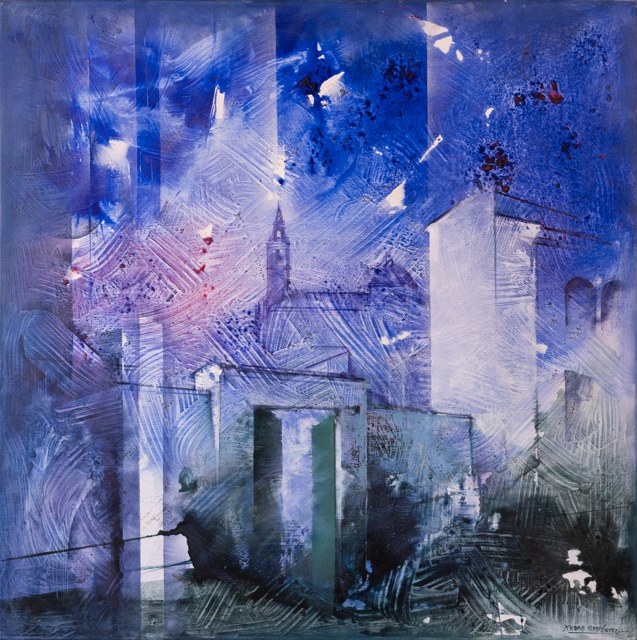Edificios y torres blancas de Moguer en una composición de azules y violetas.