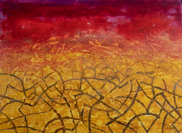 Tramas de líneas oscuras sobre un paisaje amarillo y anaranjado bajo una franja roja.