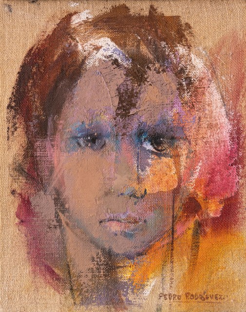 Rostro infantil de mirada frontal en tonos ocres, rosados y violetas.