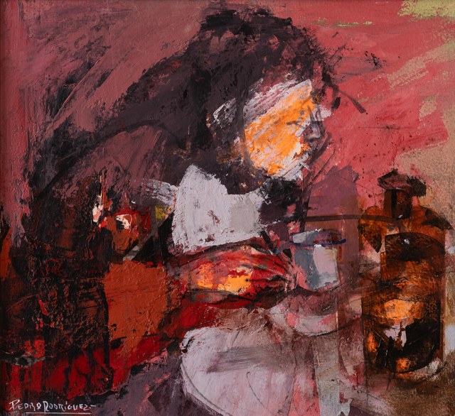 Figura de perfil sentada ante una mesa con una taza y un recipiente oscuro, en tonos rojos y negros.